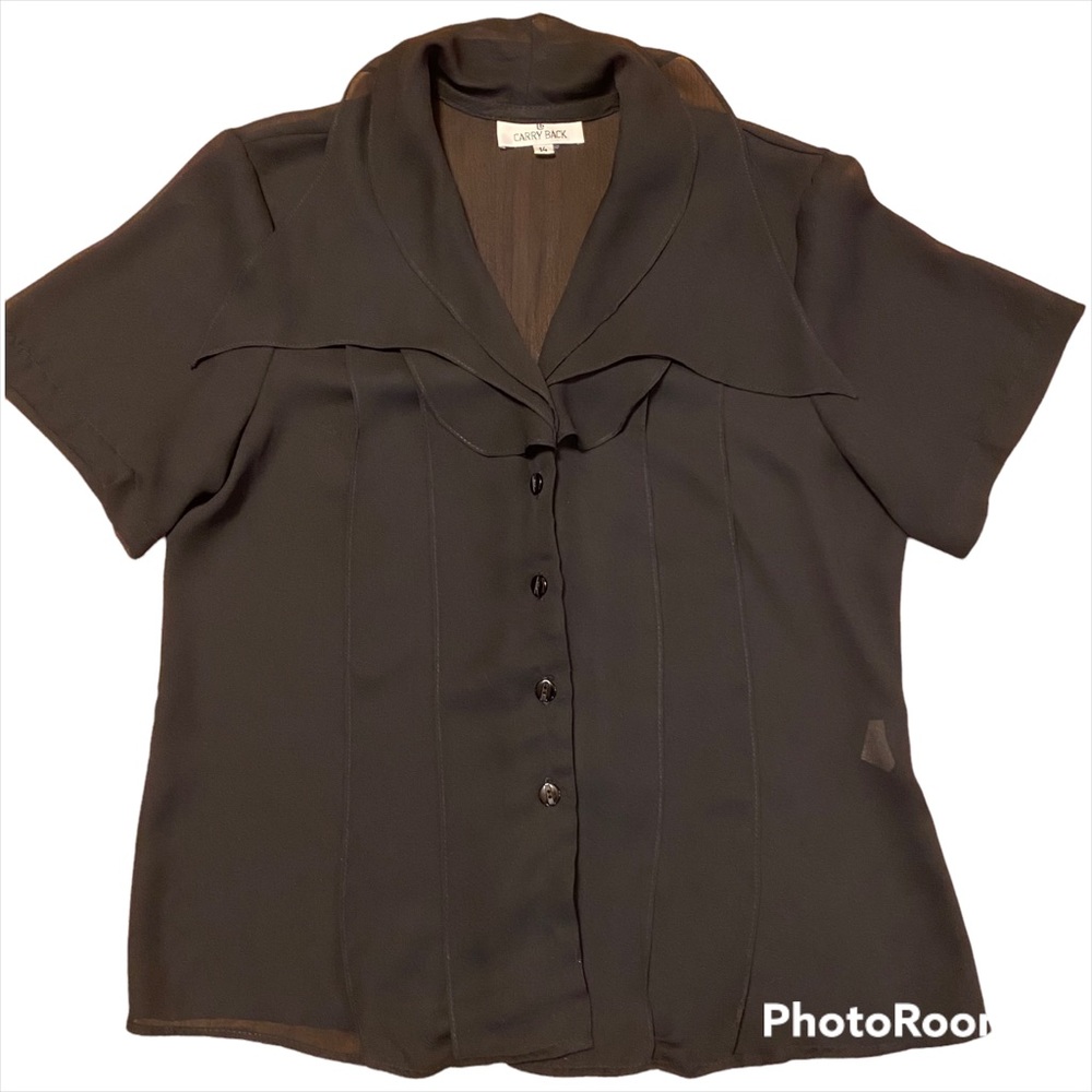 Carry Back Black button-down blouse with ruffles. Size 14